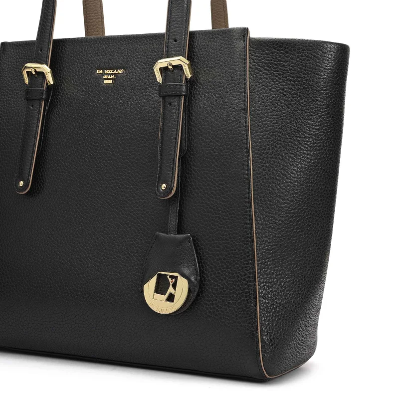 Da Milano Black Medium Wax Leather Tote - Black for Women | Best Price UAE